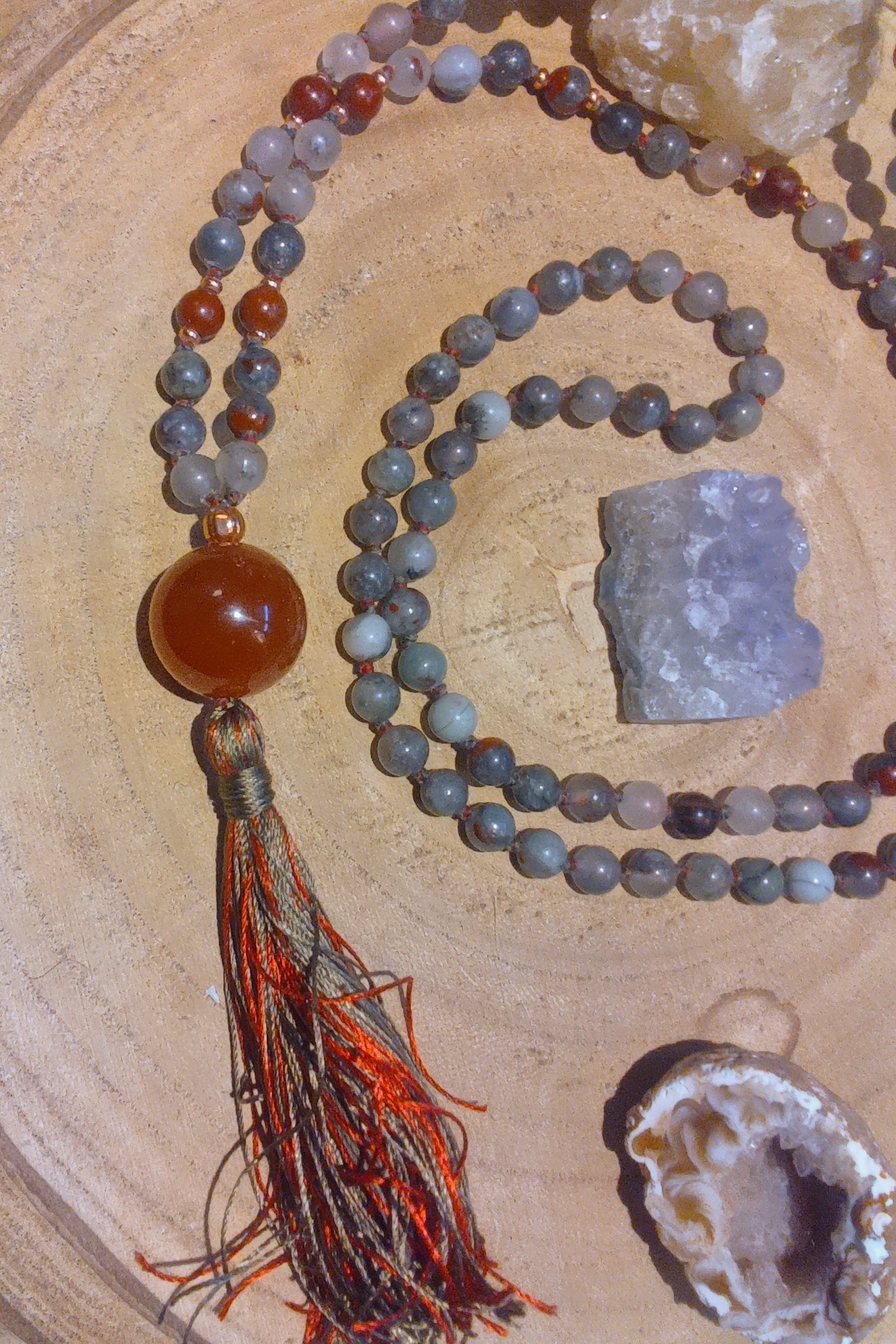 Mala fatta a mano con pietre dure naturali in Eliotropio Diaspro Sanguigno, Pietra Guru Agata rossa, Rame