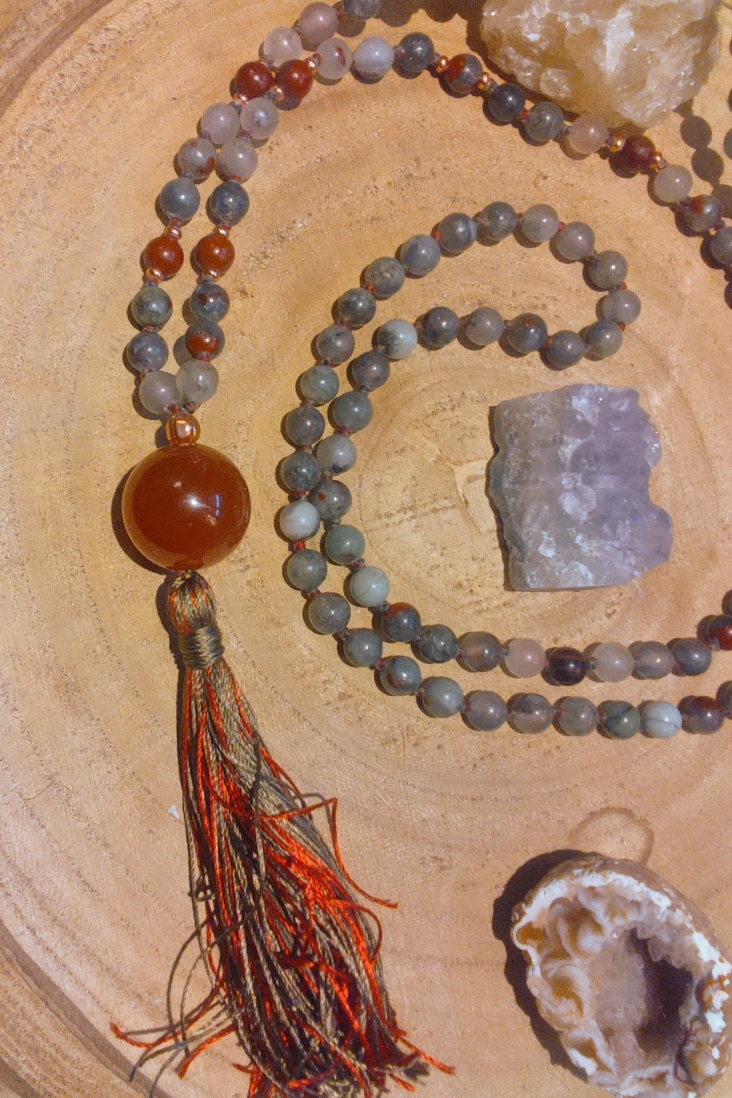 Mala fatta a mano con pietre dure naturali in Eliotropio Diaspro Sanguigno, Pietra Guru Agata rossa, Rame