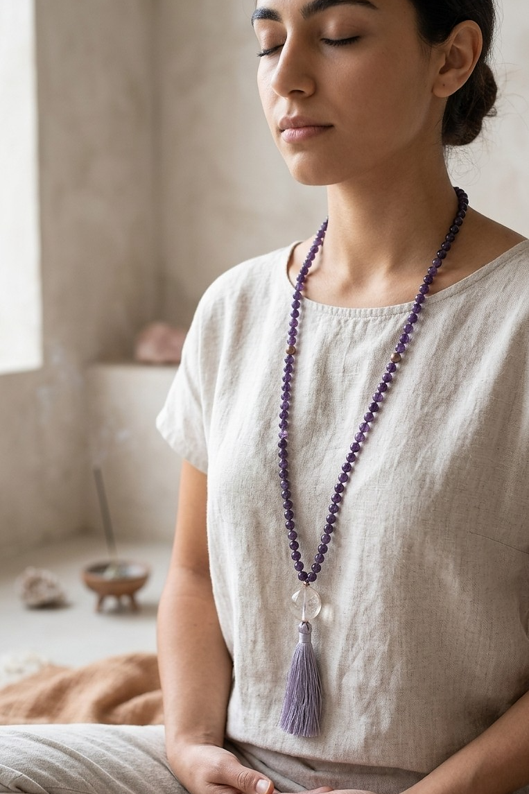 Mala collana da meditazione in Ciaroite , Pietra Guru Quarzo ialino, rame