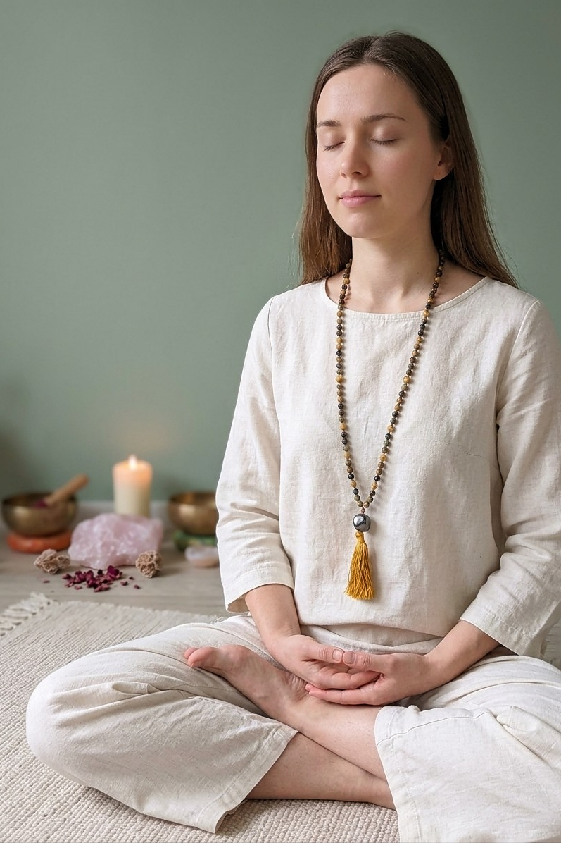 Mala con pietre dure naturali di Occhio di falco, Pietra guru Labradorite, Rame