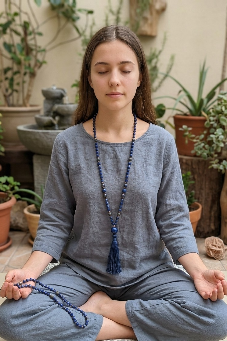 Mala per meditare in Lapislazzuli, Pirite, Pietra Guru Lapislazzuli, Rame