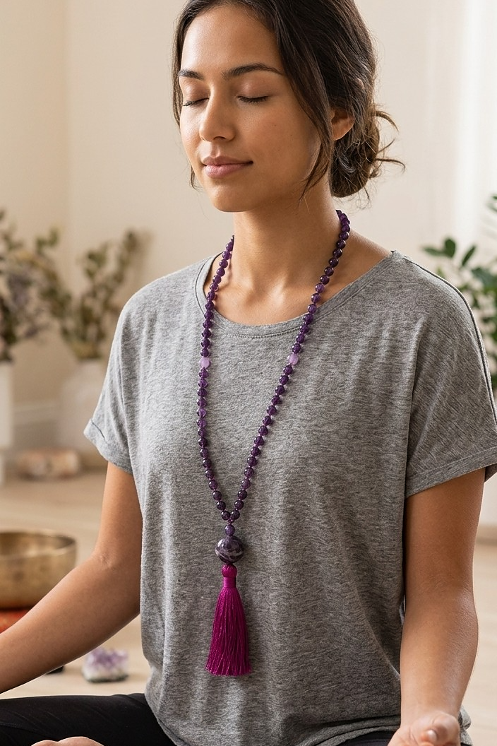 Mala da meditazione in Ametista, Pietra Guru Ametista e Rame