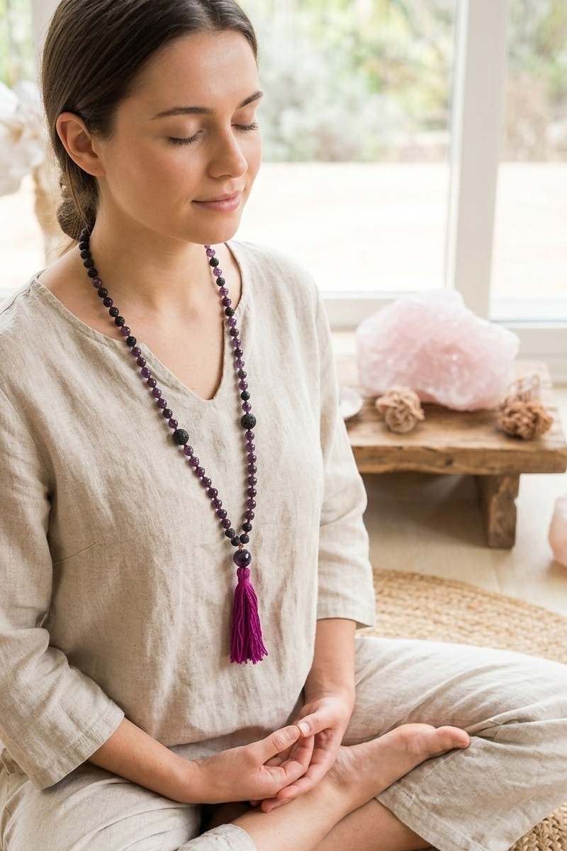 Mala per meditare in Pietra lavica, Lepidolite, Pietra Guru Lepidolite, rame