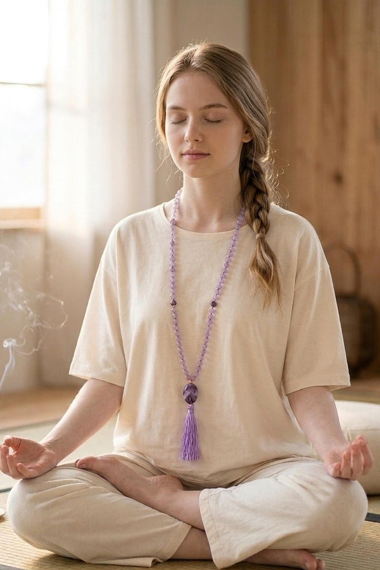 Mala da meditazione in Ametista lavanda, ametista, 108 perle, Perla Guru in ametista Chevron
