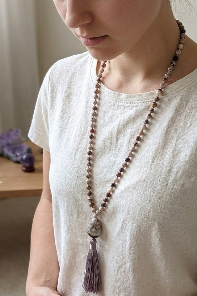 Mala fatta a mano con pietre dure naturali in Diaspro zebra marrone, Pietra Guru Agata, Rame