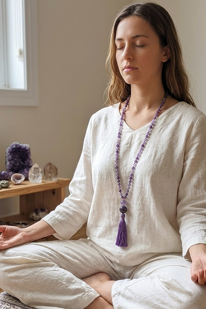 Mala da meditazione in Ametista Chevron, Perle Guru in Ametista lavanda e Ametista