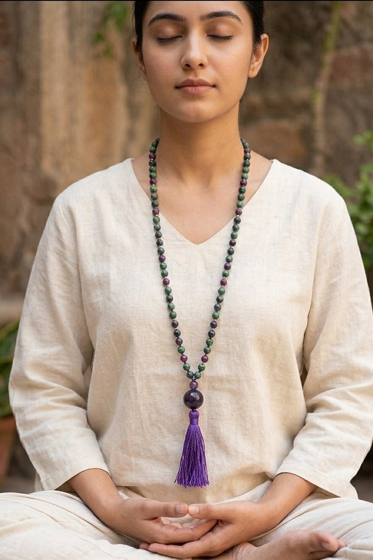 Mala con 108 perle di Zoisite, Pietra Guru Ametista, Rame