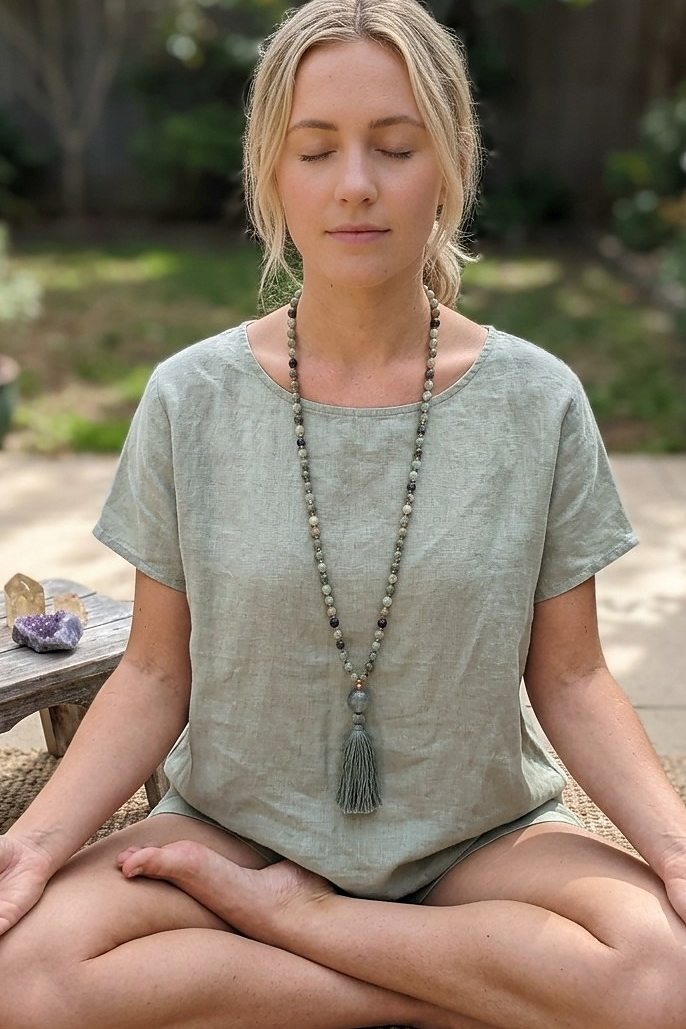 Mala in Prehnite, Pietra guru Agata muschiata, Rame
