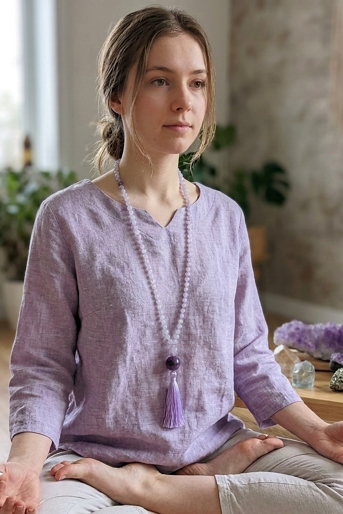 Mala da meditazione in Ametista lavanda 108 perle, Perla Guru in ametista e rame