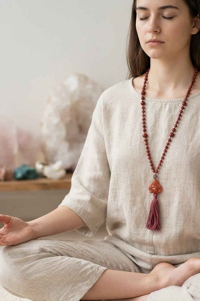 Mala in Diaspro rosso, Pietra Guru Buddha che sorride in Corniola rossa, Rame