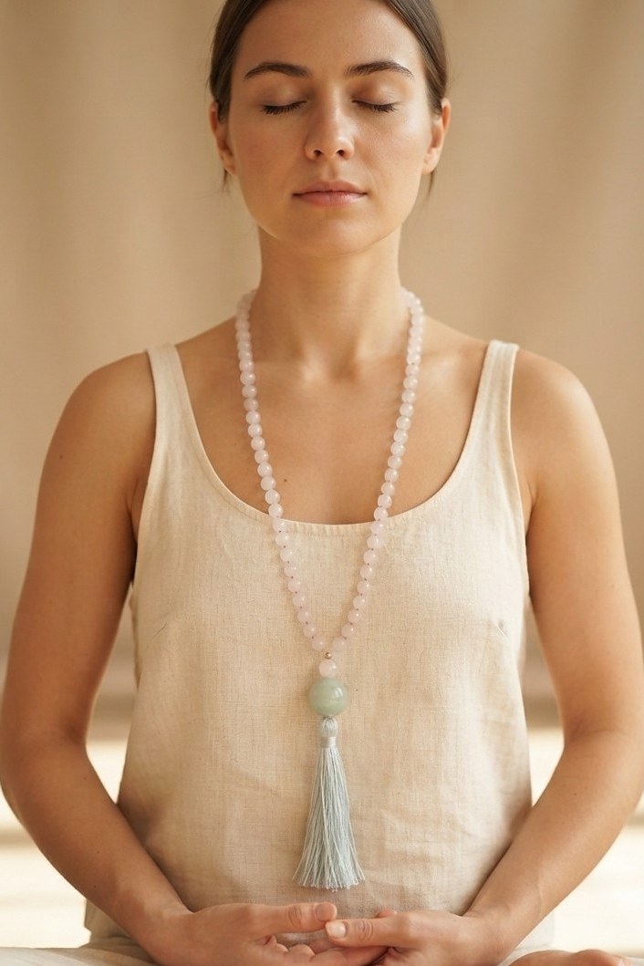 Mala collana con 108 perle di Kunzite, Pietra Guru Quarzo rosa e amazzonite, Rame