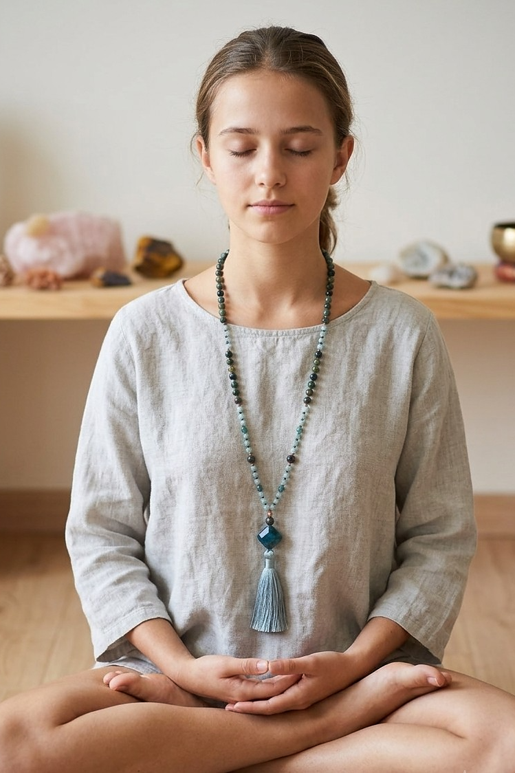 Mala da meditazione artigianale in Acquamarina, Apatite e Occhio di Falco – 108 perle