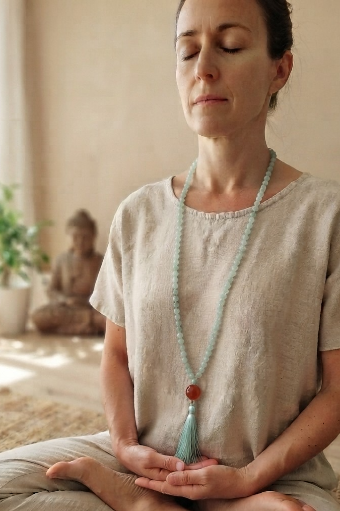 Mala da meditazione in Avventurina Verde e Agata Rossa – 108 perle