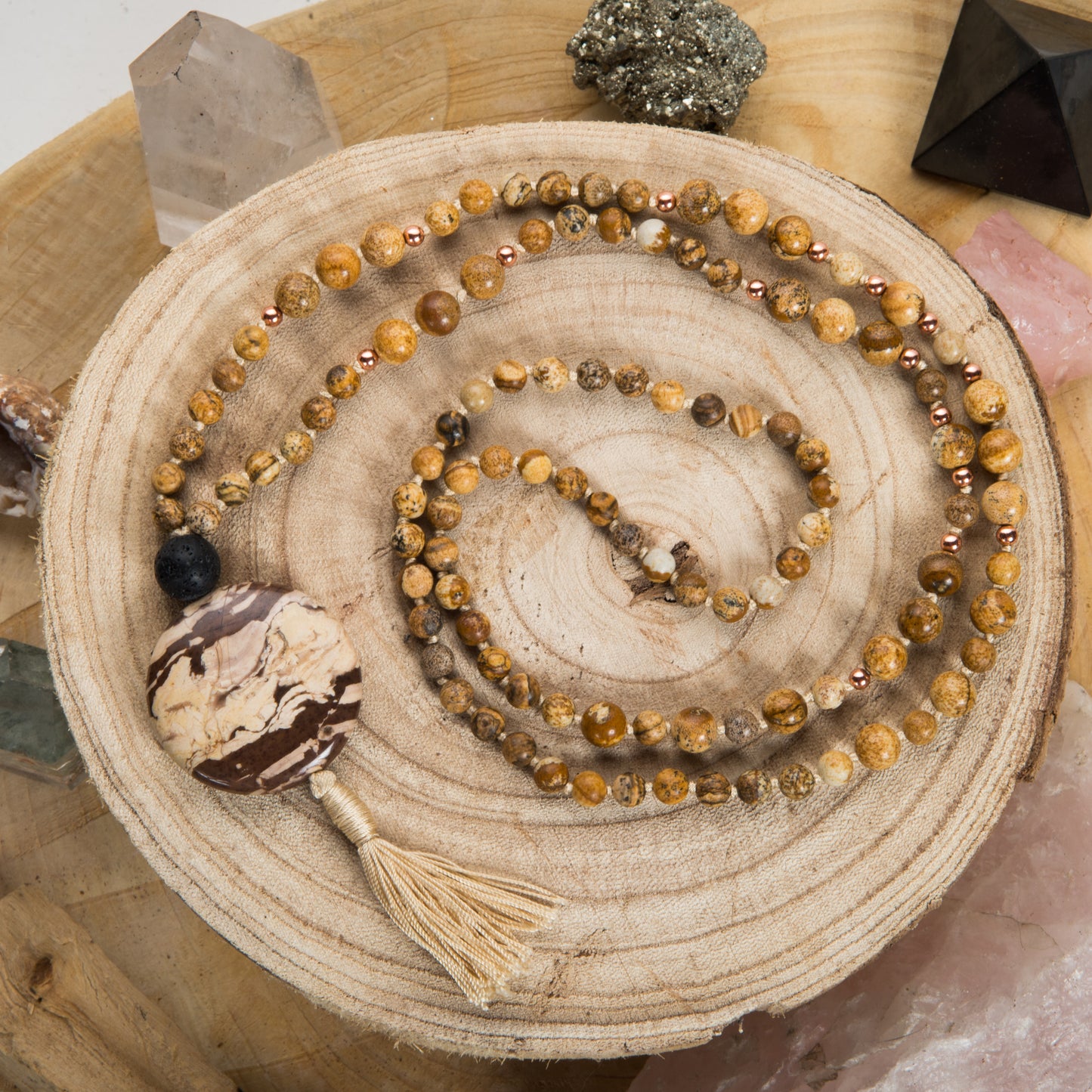 Mala collana in Diaspro paesaggio, Pietra lavica, Pietra Guru Diaspro paesaggio, Rame