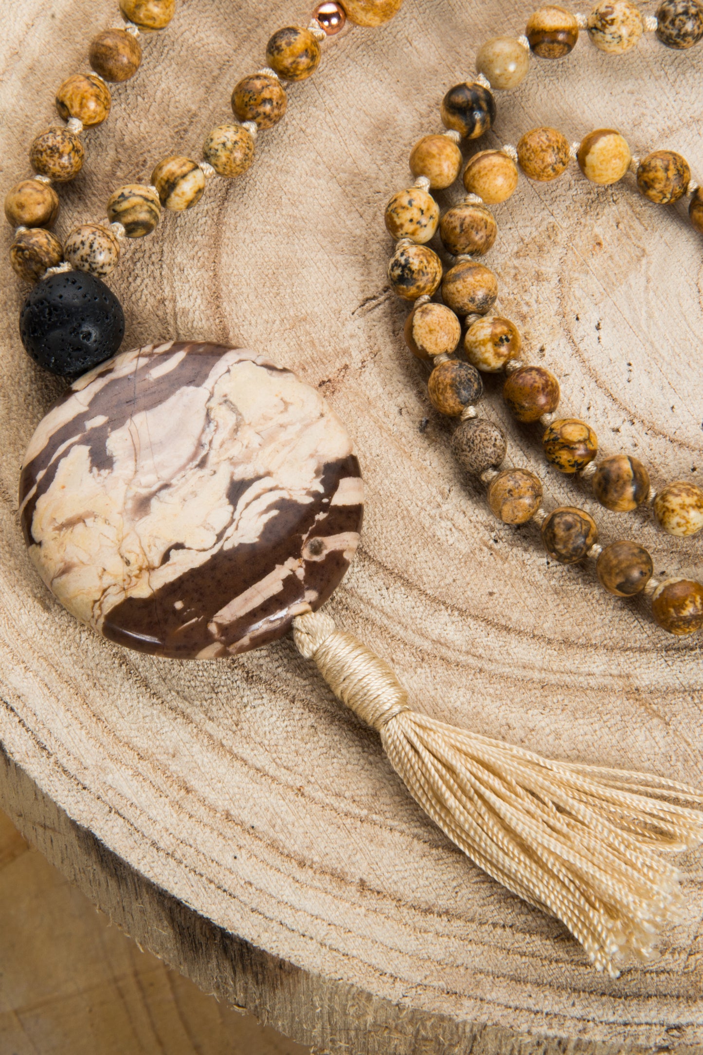 Mala collana in Diaspro paesaggio, Pietra lavica, Pietra Guru Diaspro paesaggio, Rame