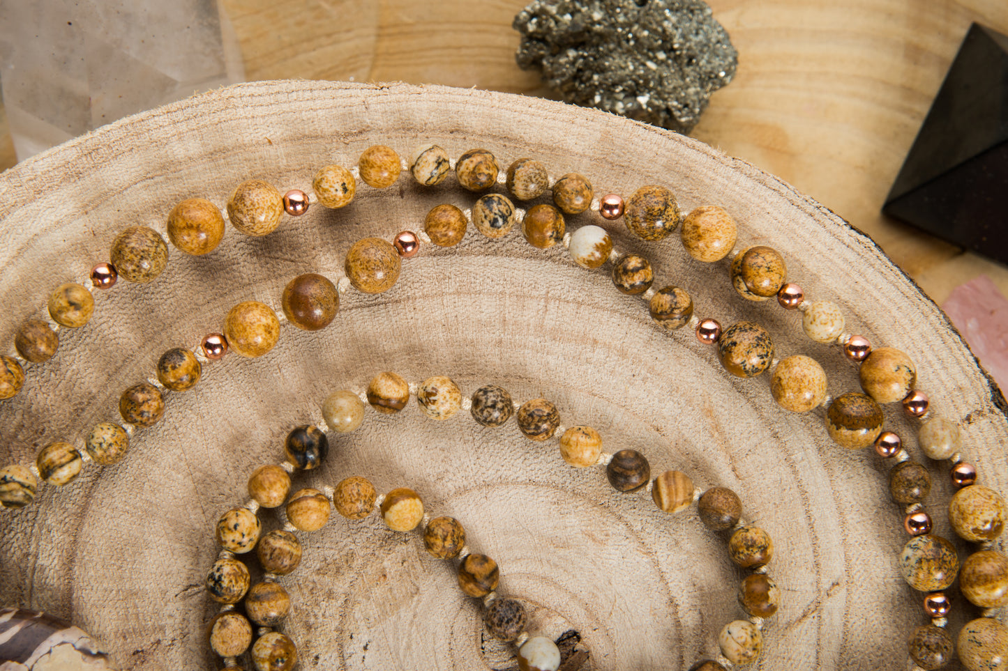 Mala collana in Diaspro paesaggio, Pietra lavica, Pietra Guru Diaspro paesaggio, Rame