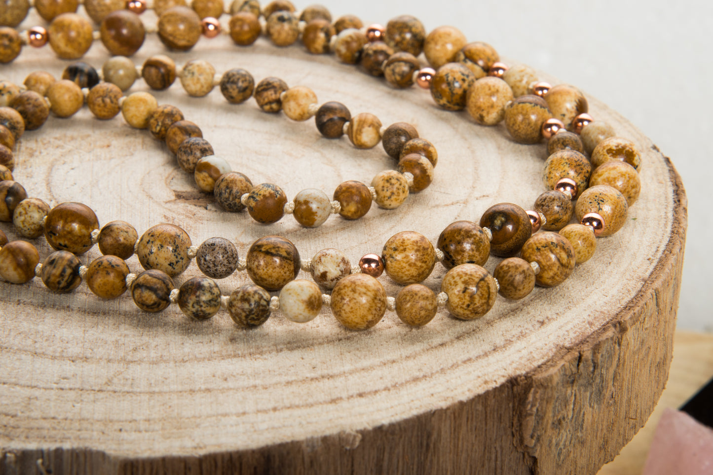 Mala collana in Diaspro paesaggio, Pietra lavica, Pietra Guru Diaspro paesaggio, Rame