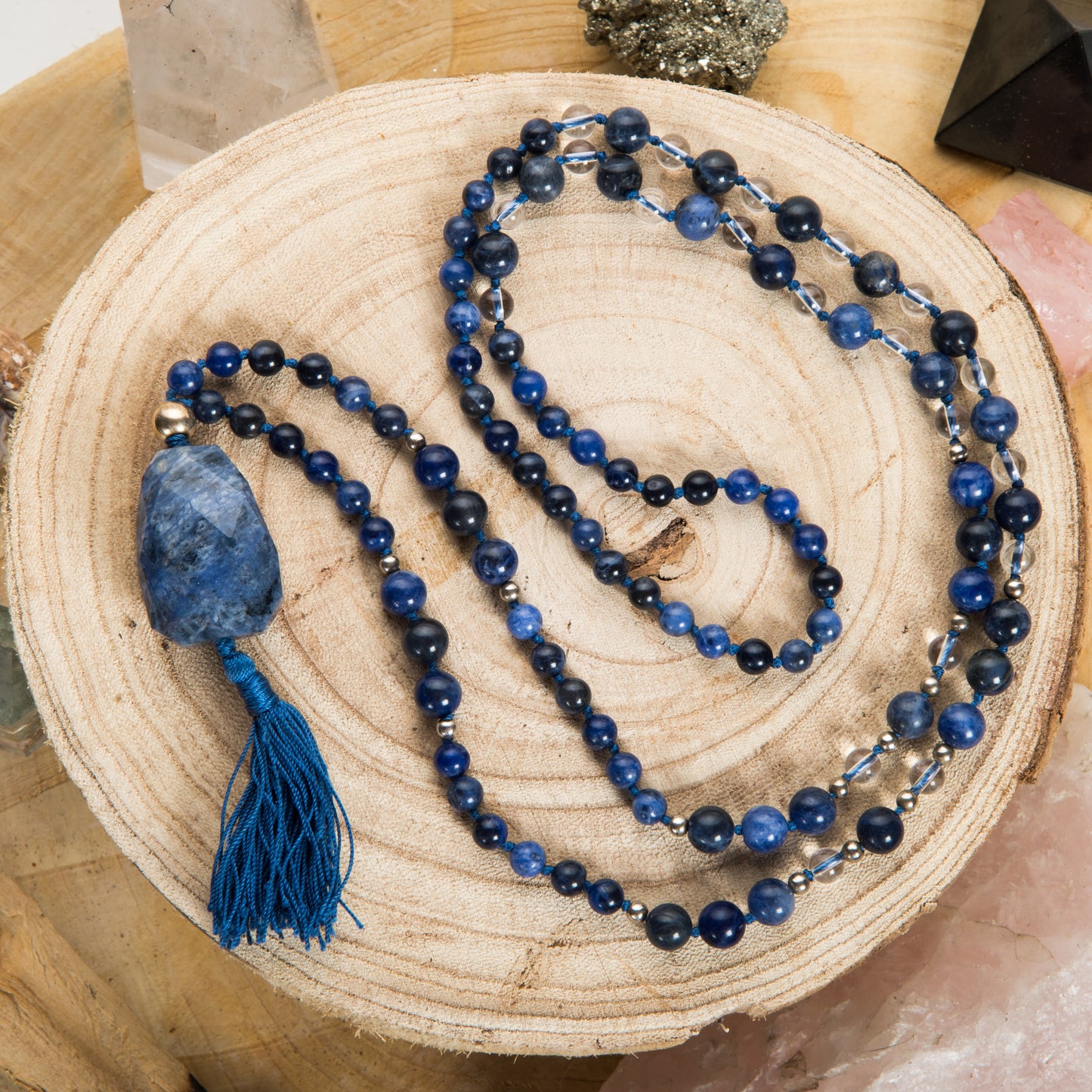 Mala per meditare in Sodalite, Cristallo di Rocca, Argento 925