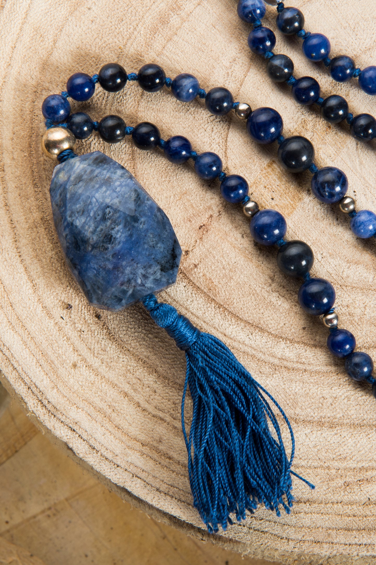Mala per meditare in Sodalite, Cristallo di Rocca, Argento 925