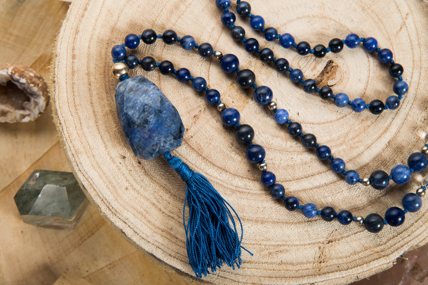 Mala per meditare in Sodalite, Cristallo di Rocca, Argento 925