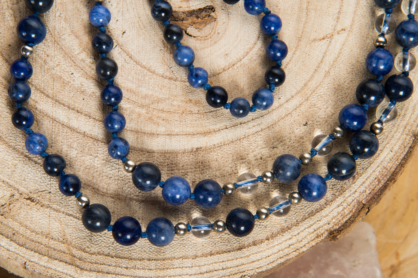 Mala per meditare in Sodalite, Cristallo di Rocca, Argento 925