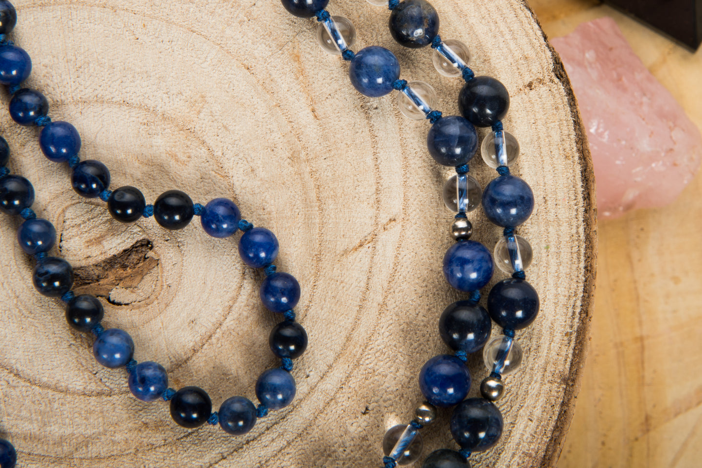 Mala per meditare in Sodalite, Cristallo di Rocca, Argento 925