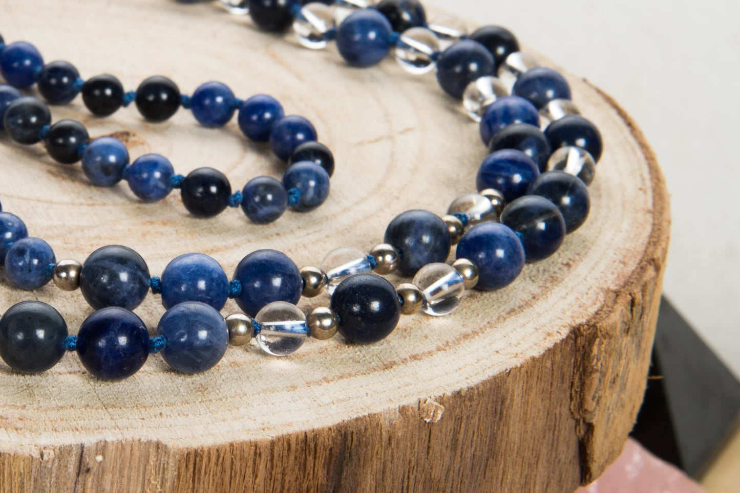 Mala per meditare in Sodalite, Cristallo di Rocca, Argento 925