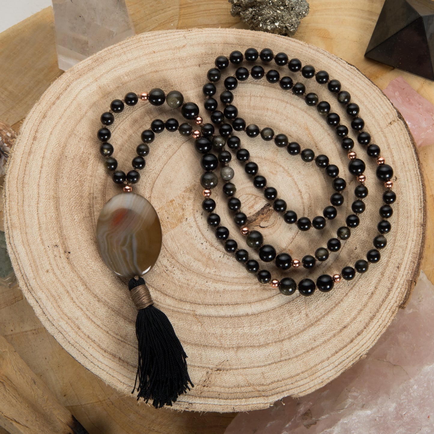 Mala Ossidiana dorata, Pietra guru Agata, Rame