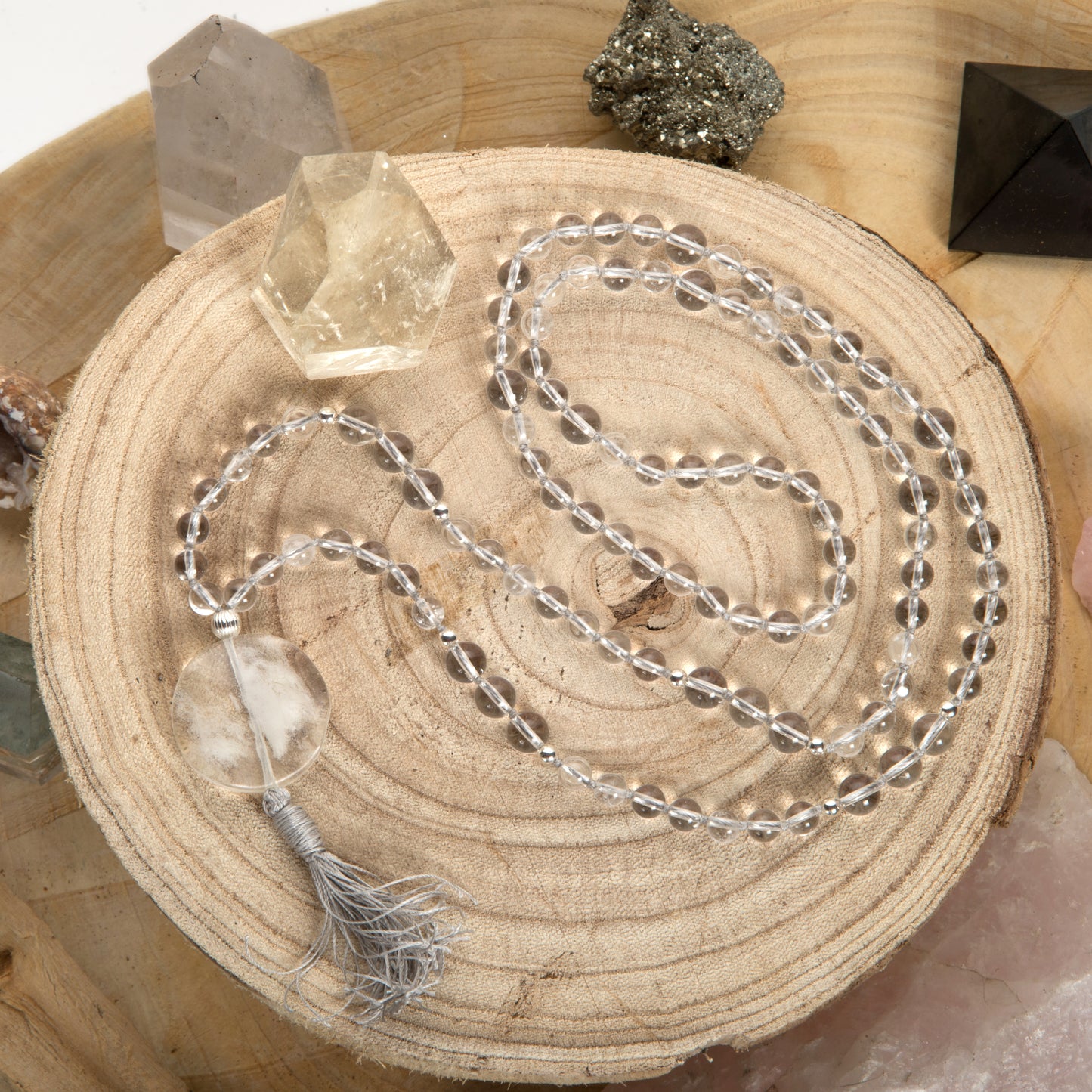 Mala 108 con cristalli naturali di Quarzo ialino, Argento 925