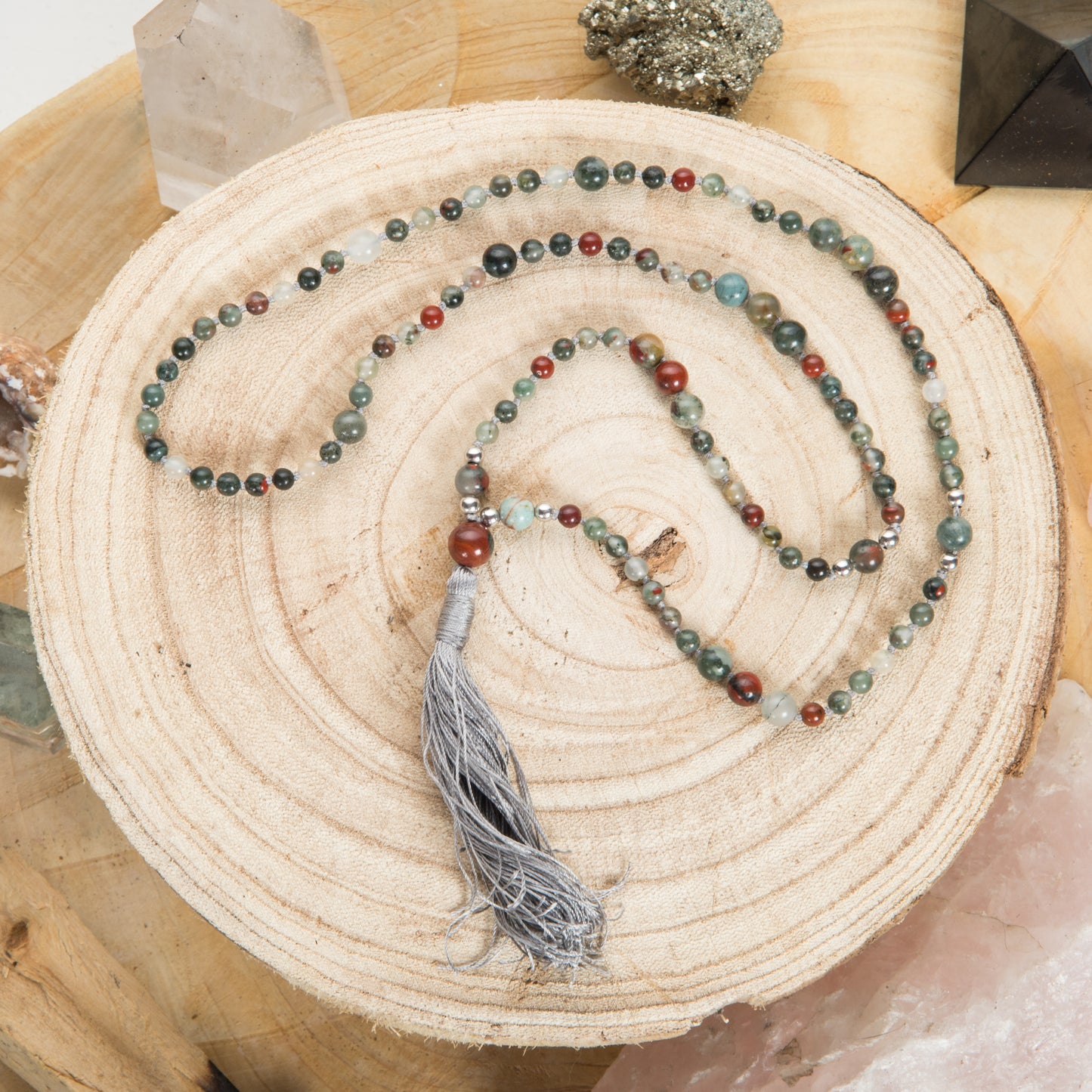 Mala collana 108 fatta a mano in Eliotropio, Pietra Guru Eliotropio, Argento 925