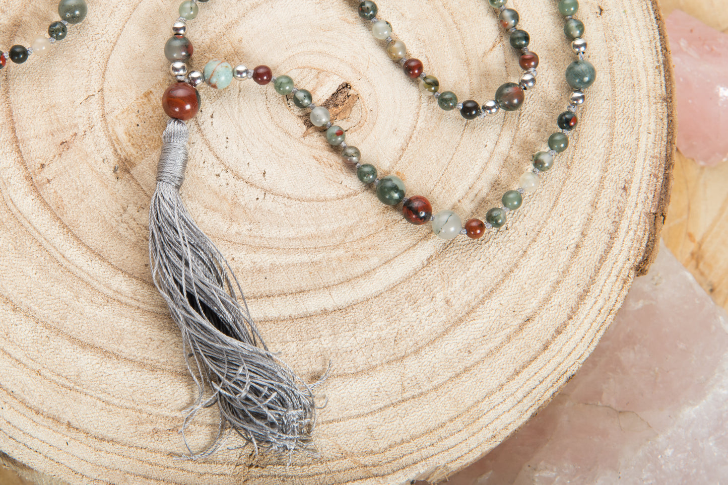Mala collana 108 fatta a mano in Eliotropio, Pietra Guru Eliotropio, Argento 925