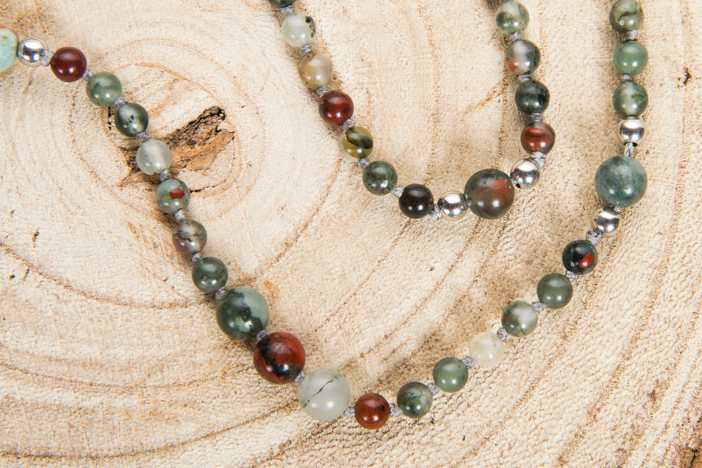 Mala collana 108 fatta a mano in Eliotropio, Pietra Guru Eliotropio, Argento 925