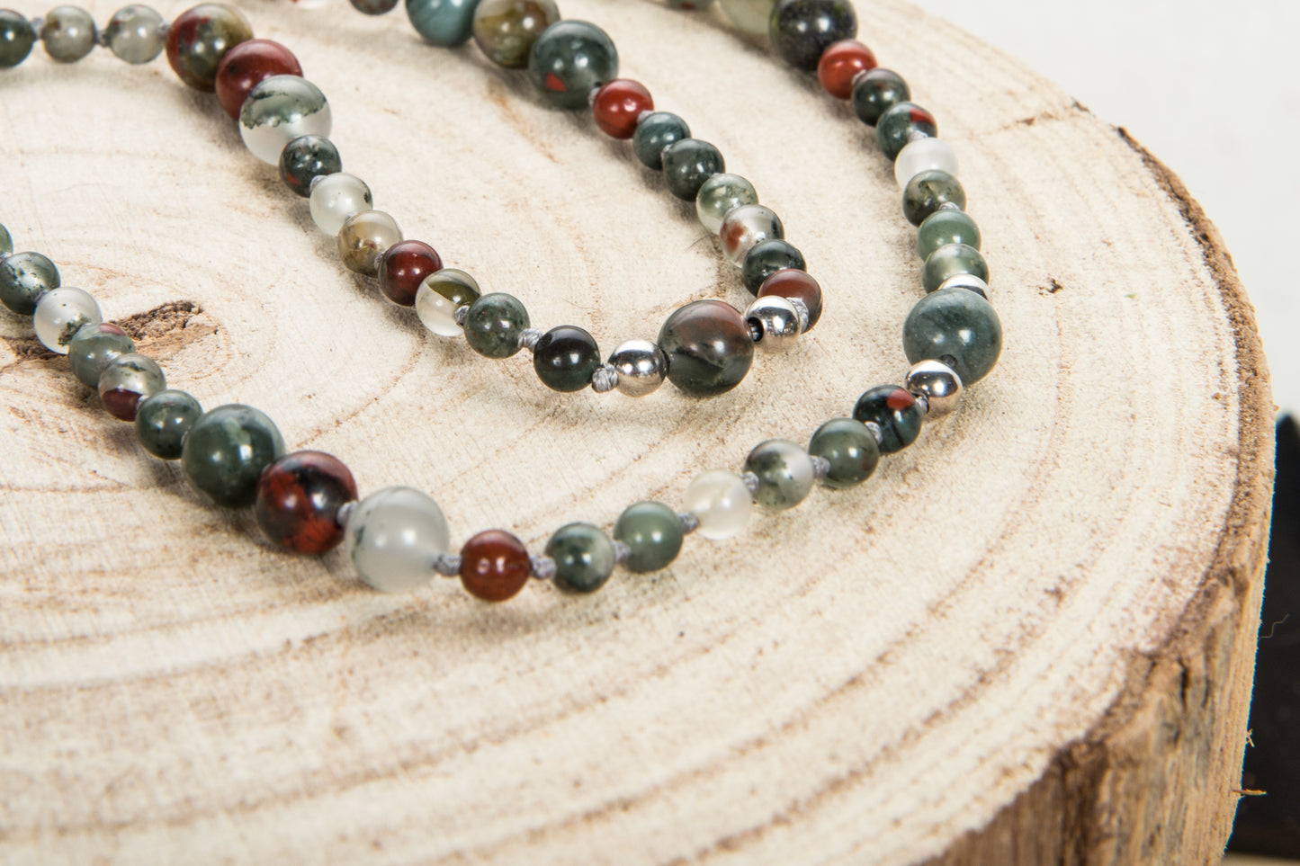 Mala collana 108 fatta a mano in Eliotropio, Pietra Guru Eliotropio, Argento 925