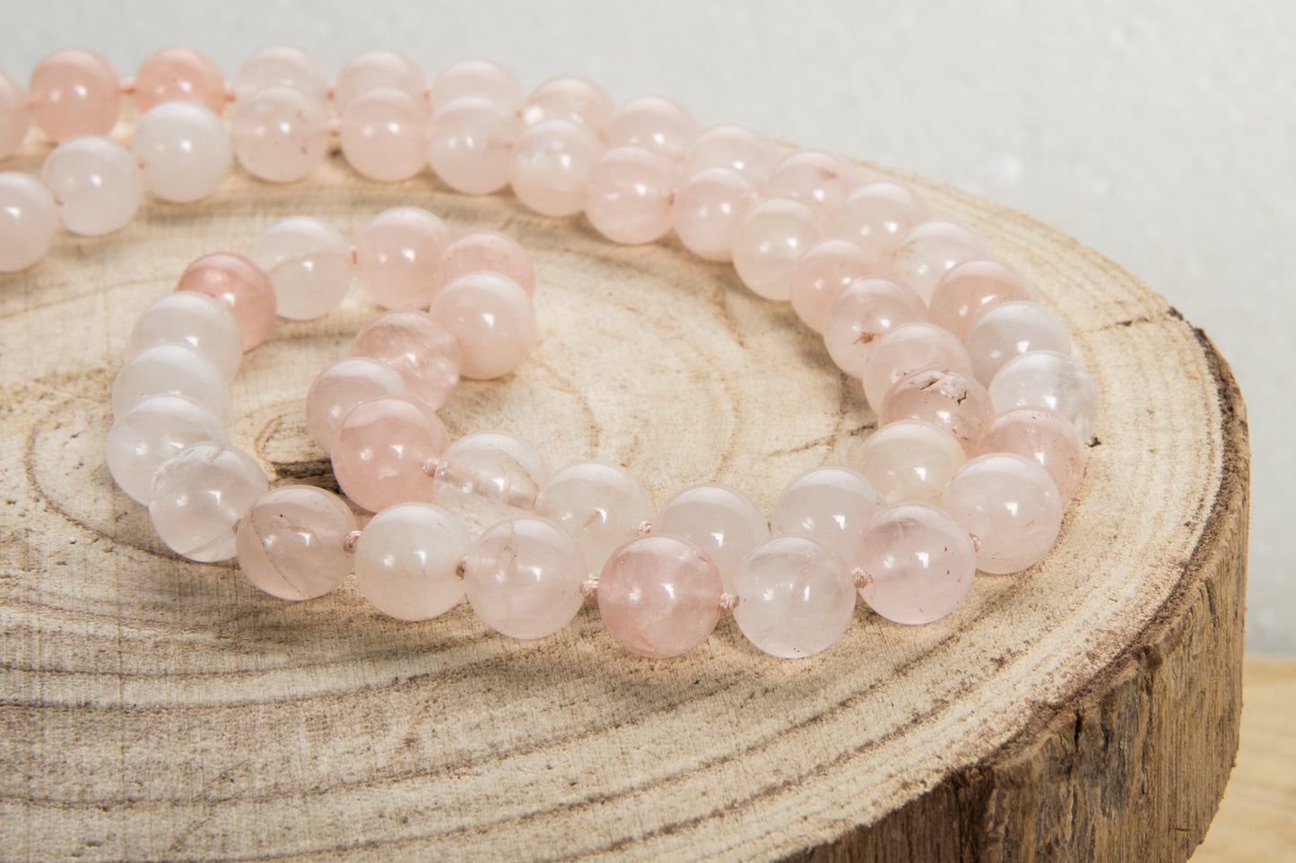 Mala da meditazione in Quarzo rosa, Pietra Guru Quarzo rosa, Rame