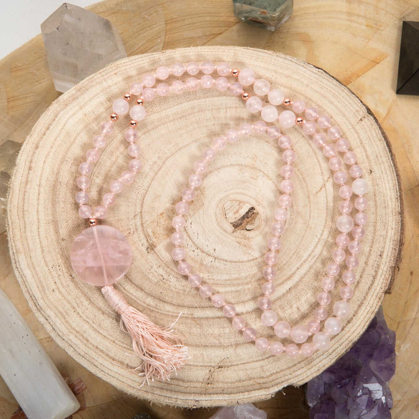 Mala con 108 perle di Quarzo rosa, Pietra Guru Quarzo rosa e Rame