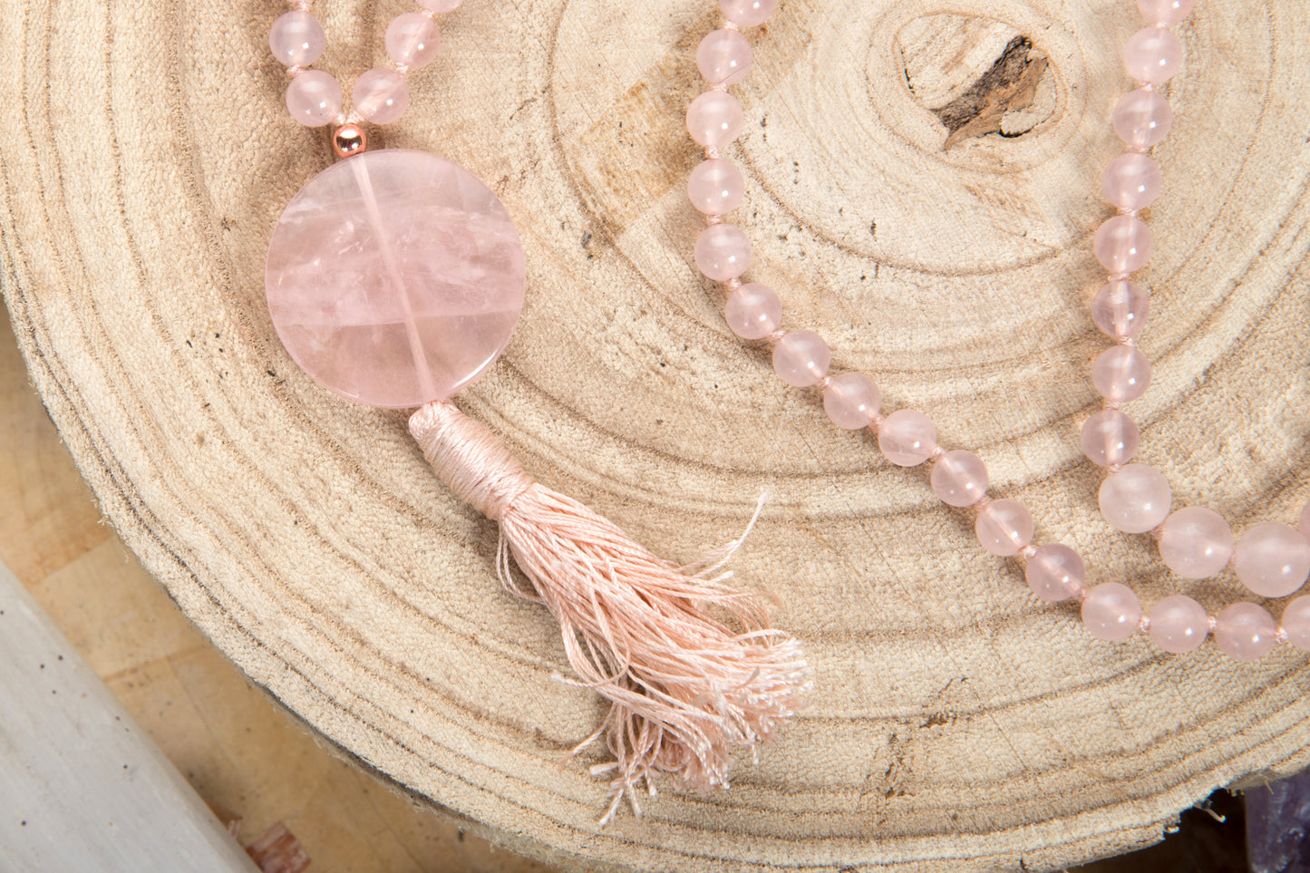 Mala con 108 perle di Quarzo rosa, Pietra Guru Quarzo rosa e Rame
