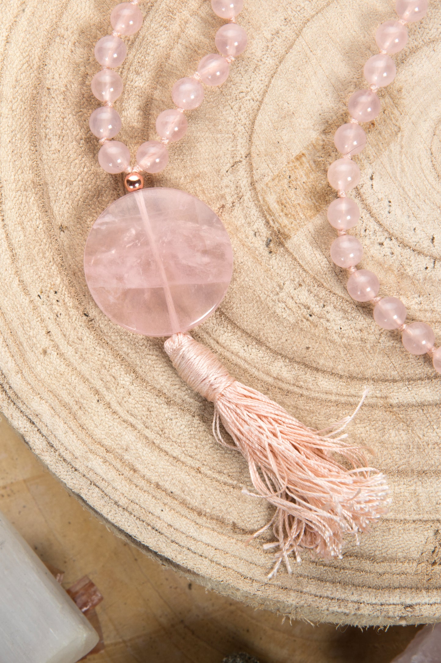 Mala con 108 perle di Quarzo rosa, Pietra Guru Quarzo rosa e Rame