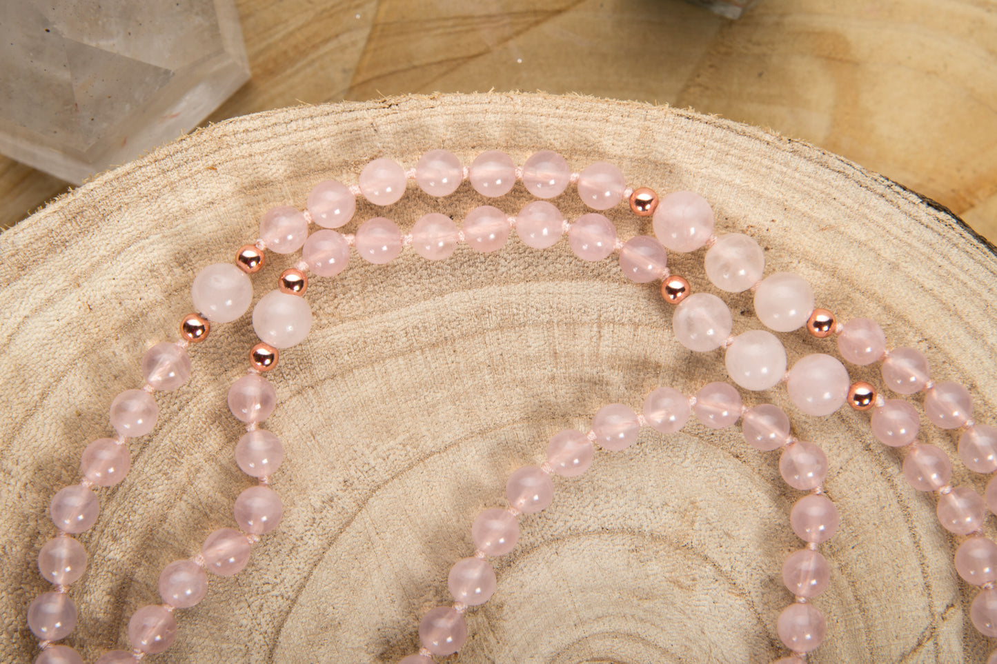 Mala con 108 perle di Quarzo rosa, Pietra Guru Quarzo rosa e Rame