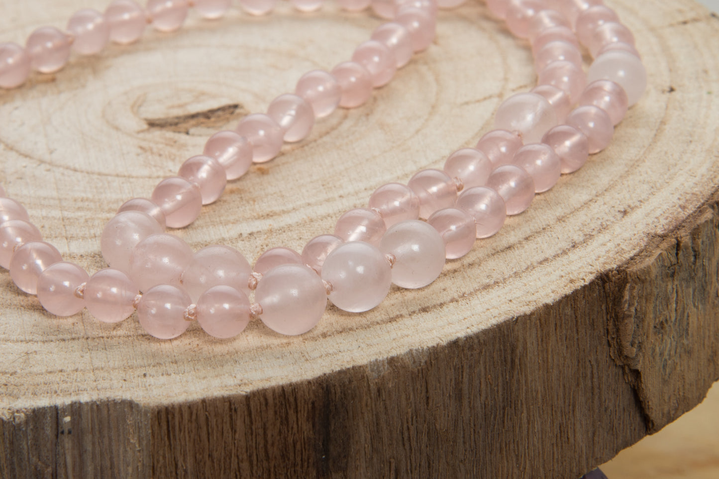 Mala con 108 perle di Quarzo rosa, Pietra Guru Quarzo rosa e Rame