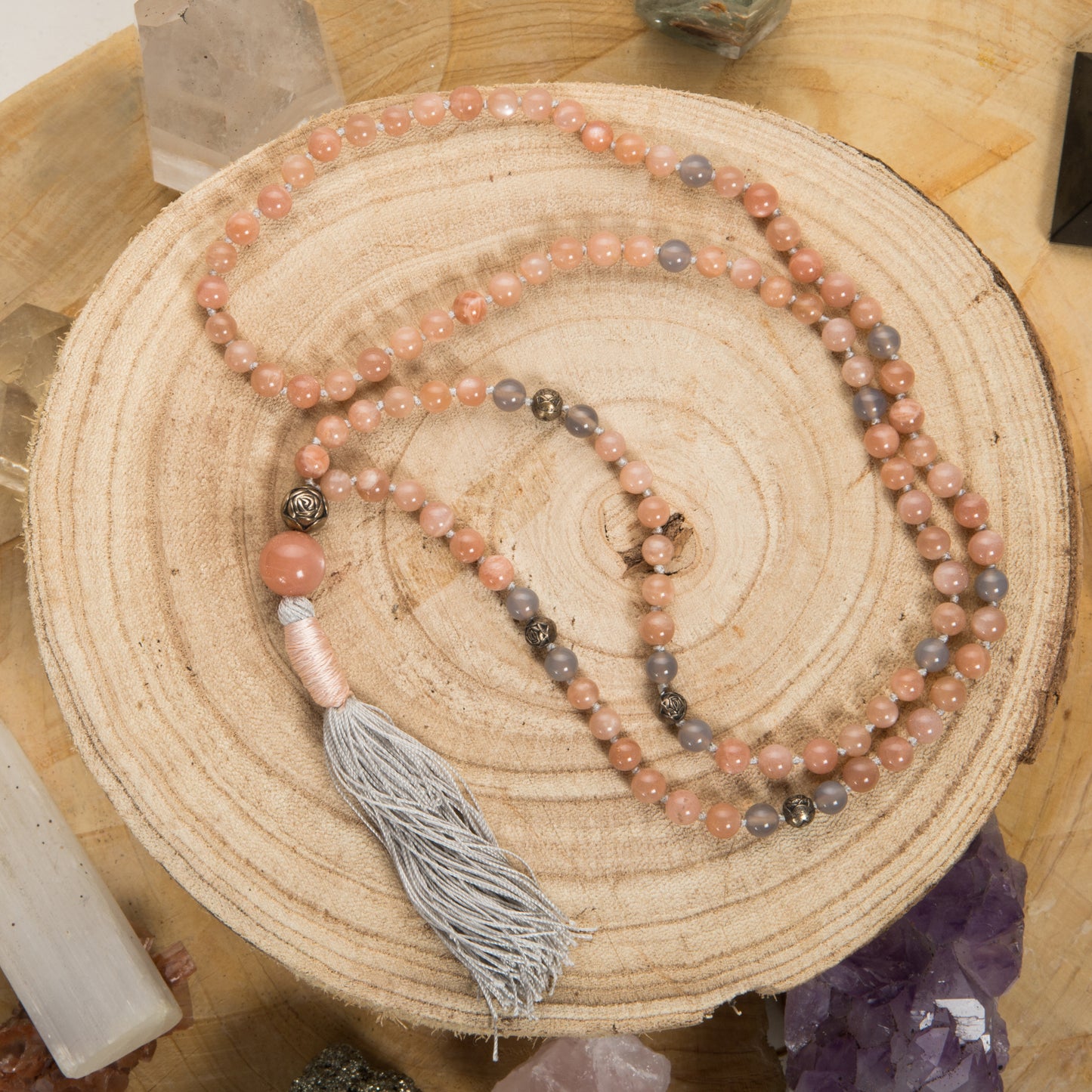 Mala da meditazione in Pietra di luna, Pietra Guru Pietra di Luna, Argento 925