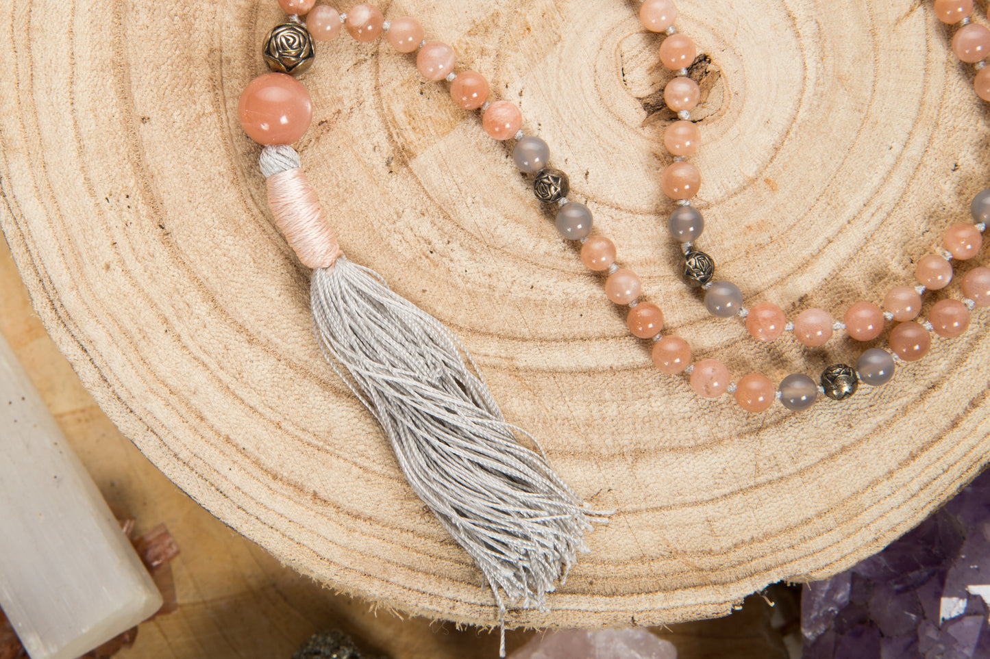 Mala da meditazione in Pietra di luna, Pietra Guru Pietra di Luna, Argento 925