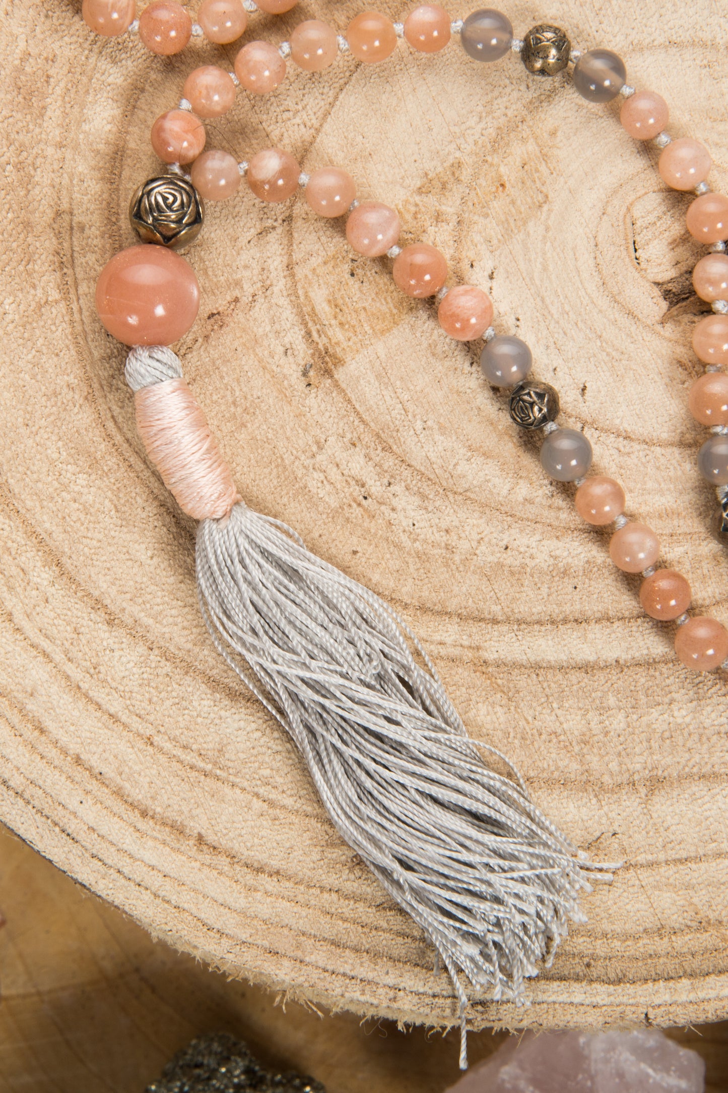Mala da meditazione in Pietra di luna, Pietra Guru Pietra di Luna, Argento 925