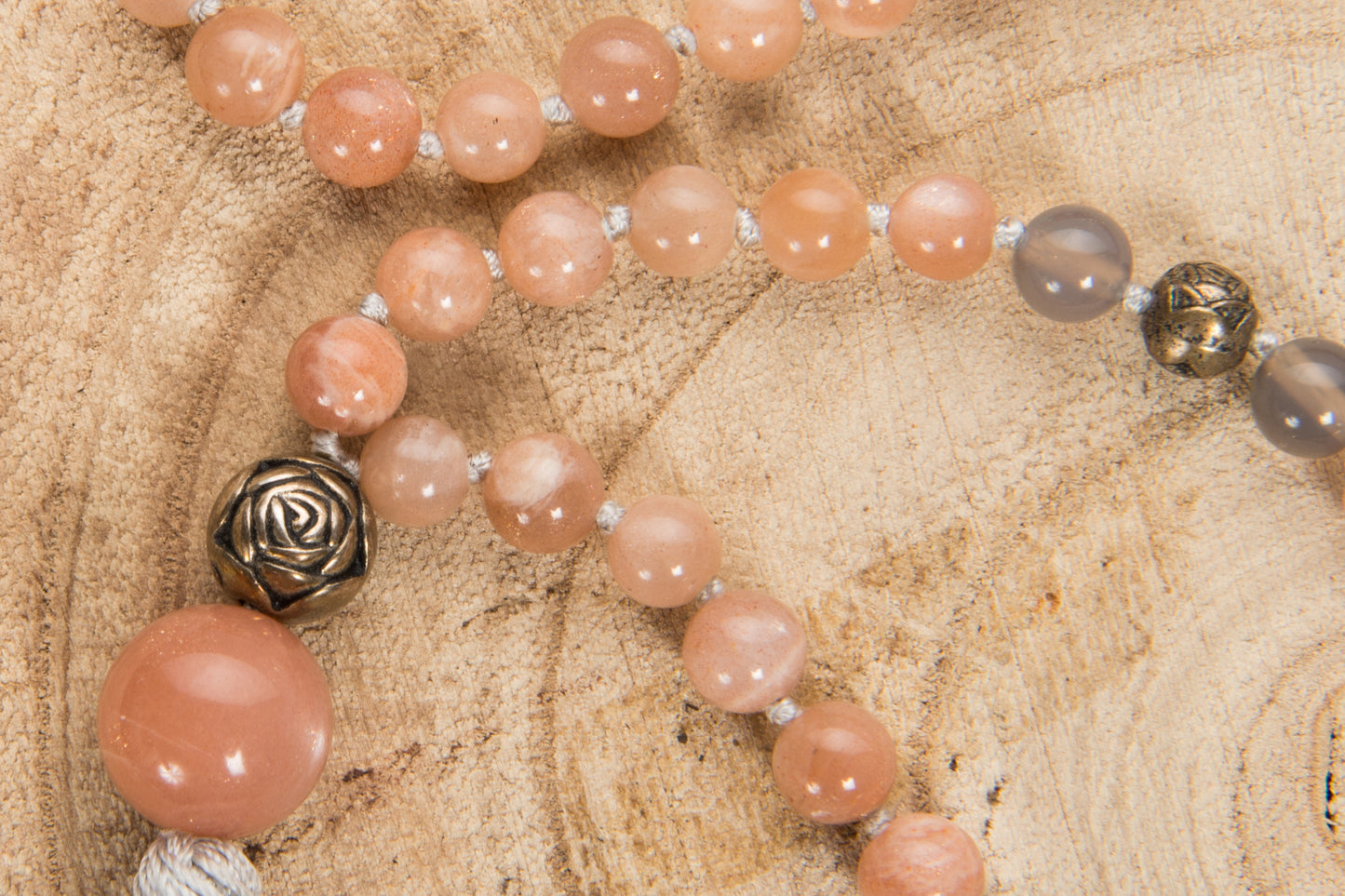 Mala da meditazione in Pietra di luna, Pietra Guru Pietra di Luna, Argento 925