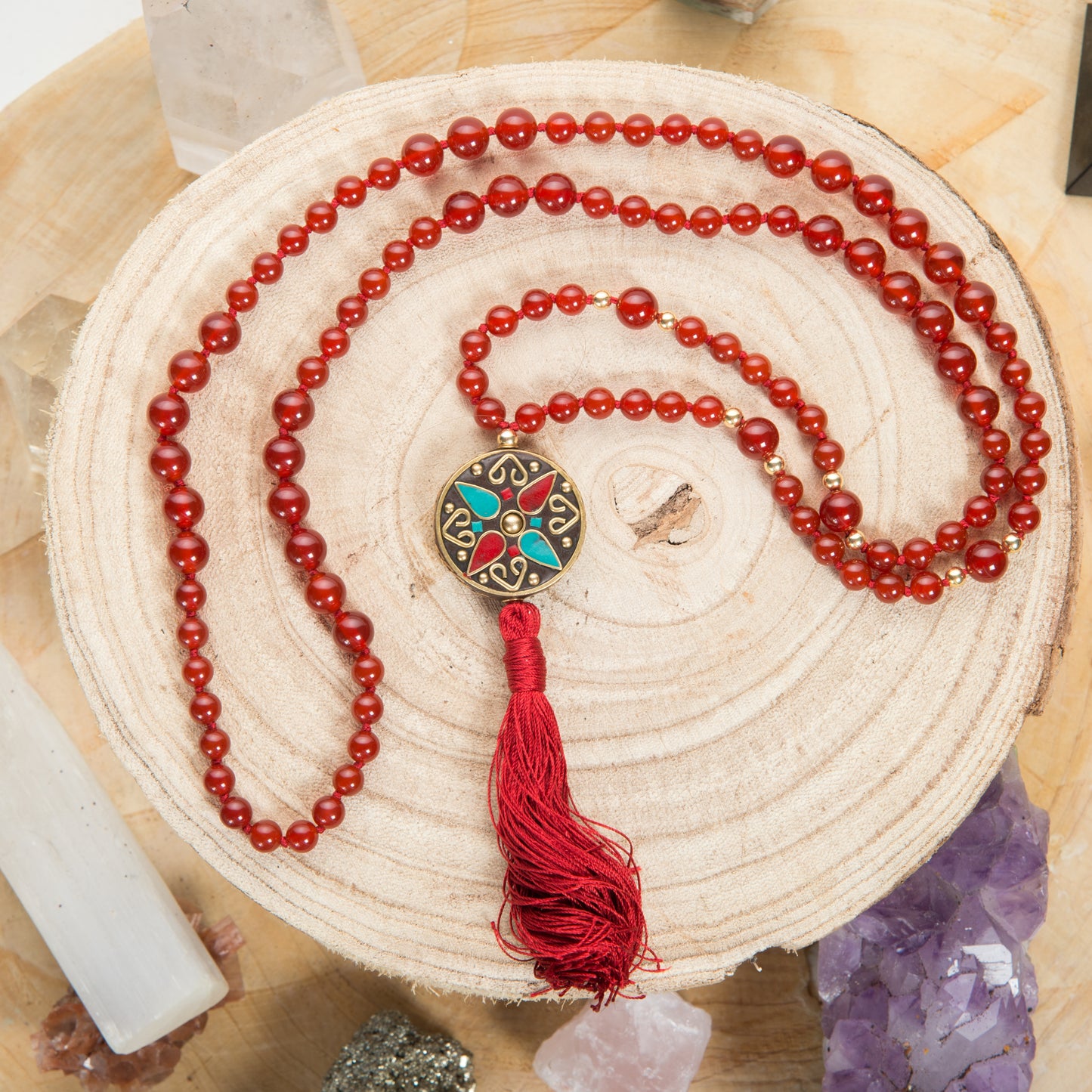 Mala collana 108 Agata rossa, Perla Guru tibetana e Argento dorato 925