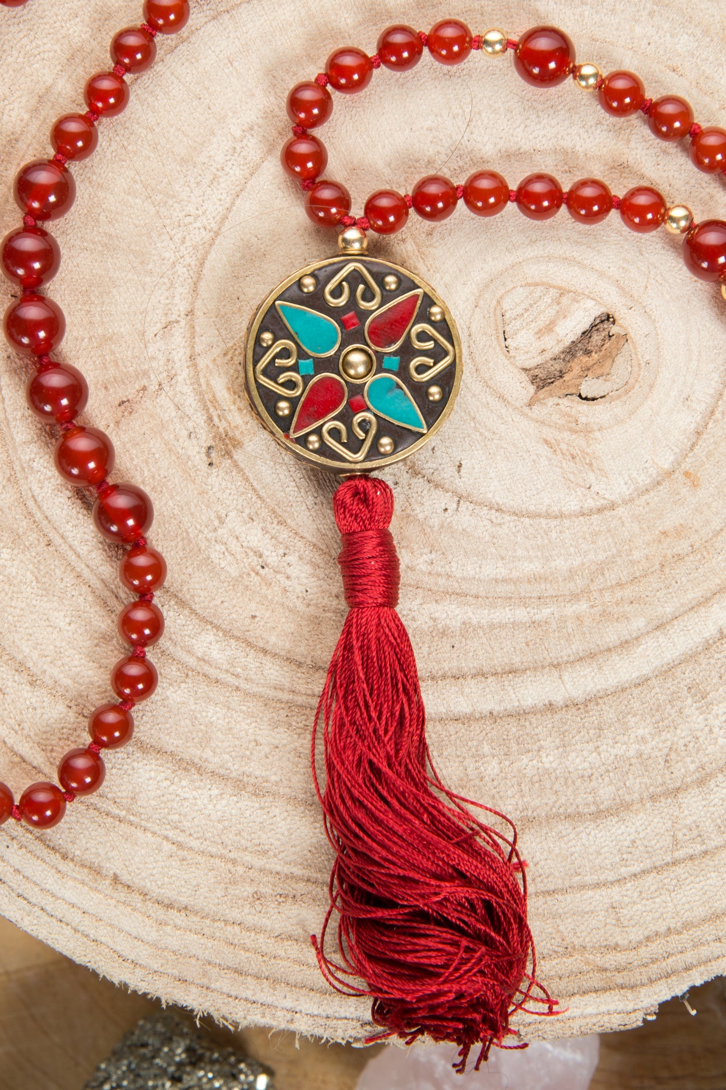 Mala collana 108 Agata rossa, Perla Guru tibetana e Argento dorato 925