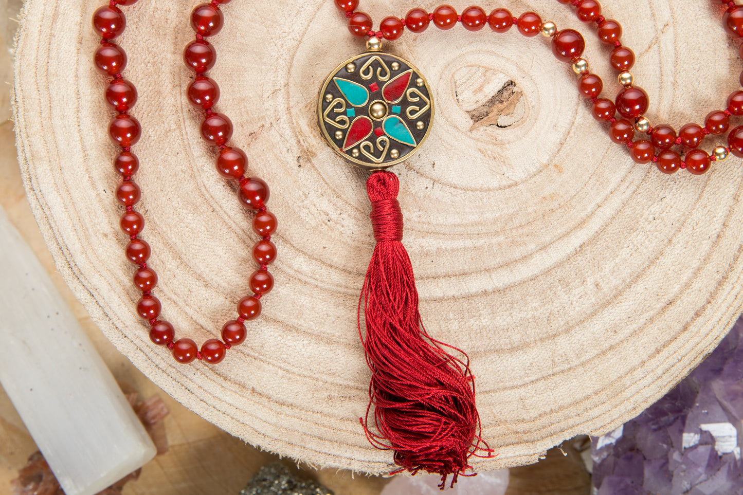 Mala collana 108 Agata rossa, Perla Guru tibetana e Argento dorato 925