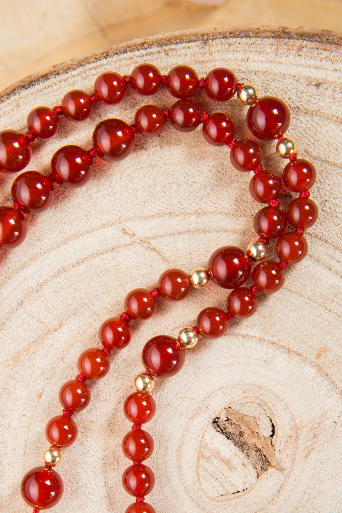 Mala collana 108 Agata rossa, Perla Guru tibetana e Argento dorato 925