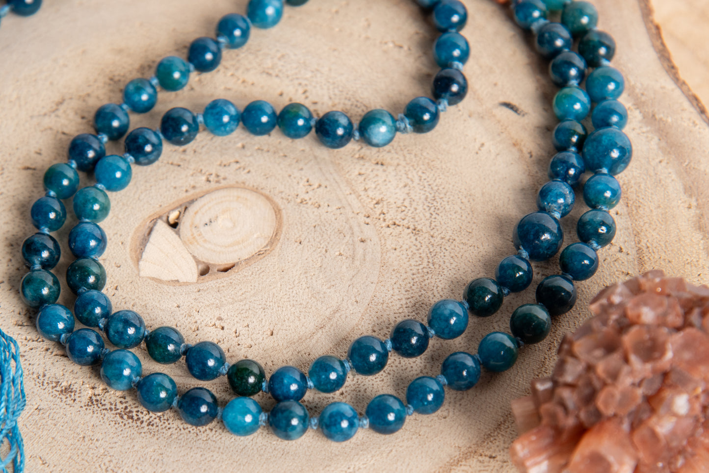 Mala per la pratica della meditazione in Apatite, Pietra Guru Apatite e Rame