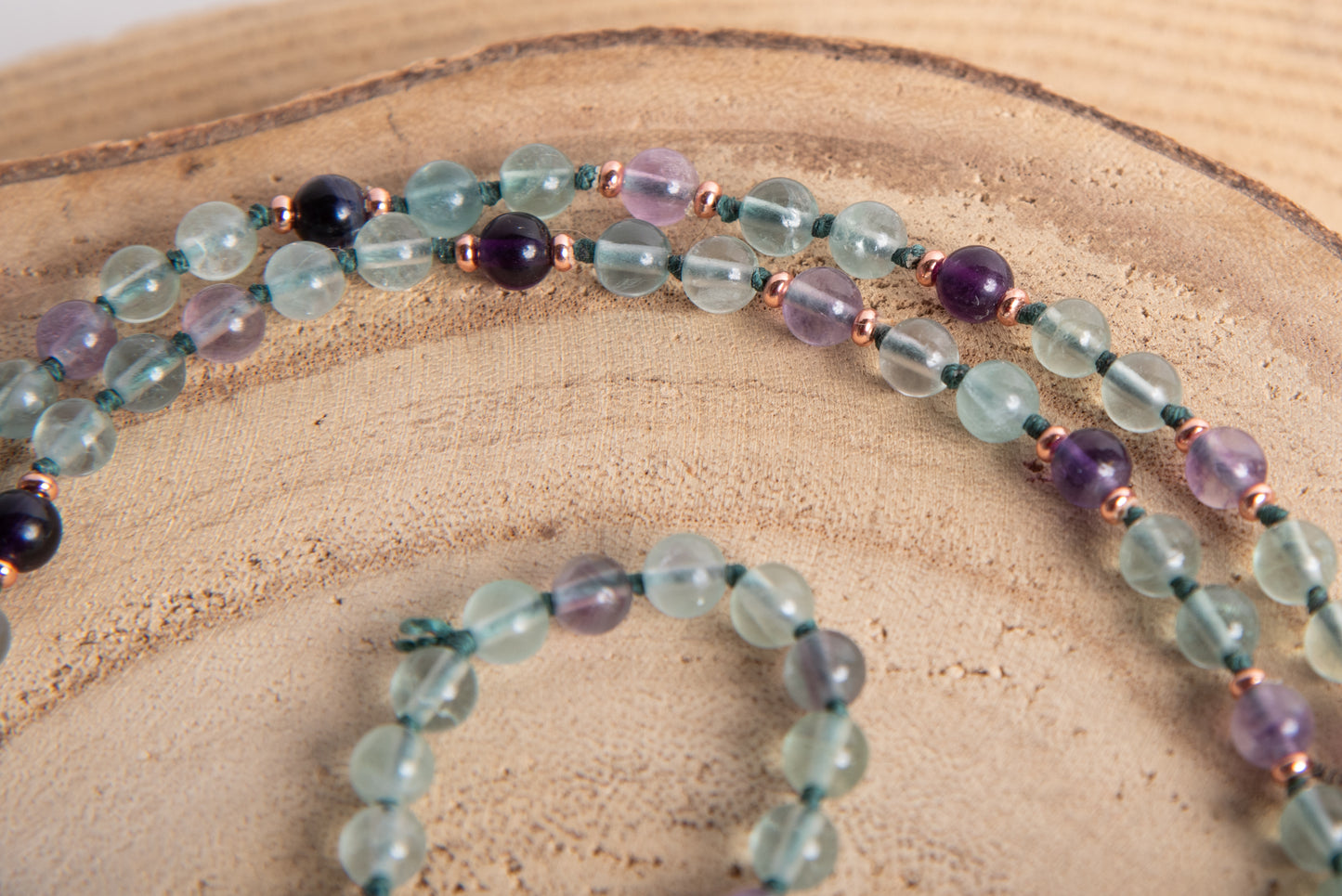 Mala per meditare in Fluorite, Pietra Guru Ametista, Rame