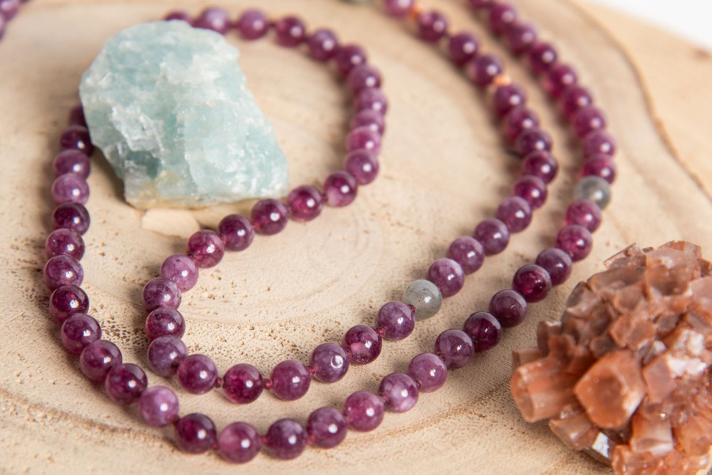 Mala in Lepidolite, Pietra guru Labradorite, Rame